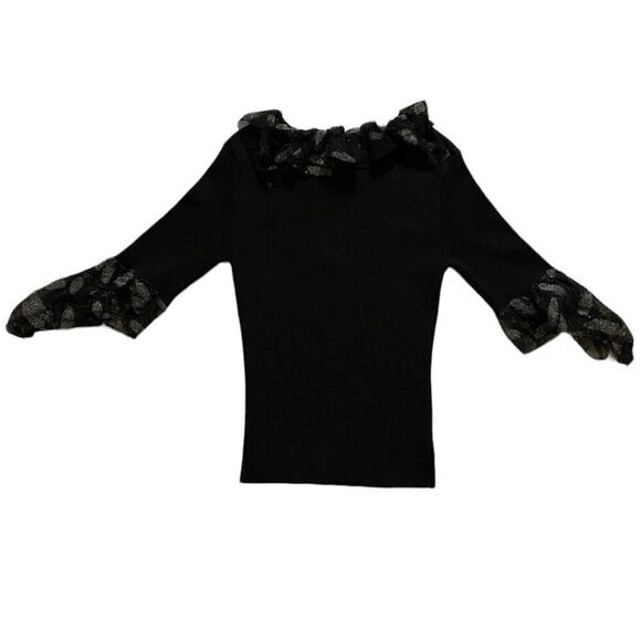 Black Wool Blend Ribbed Knit Glittery Ruffle Tulle Trim Sweater Size Small - Picture 2 of 5